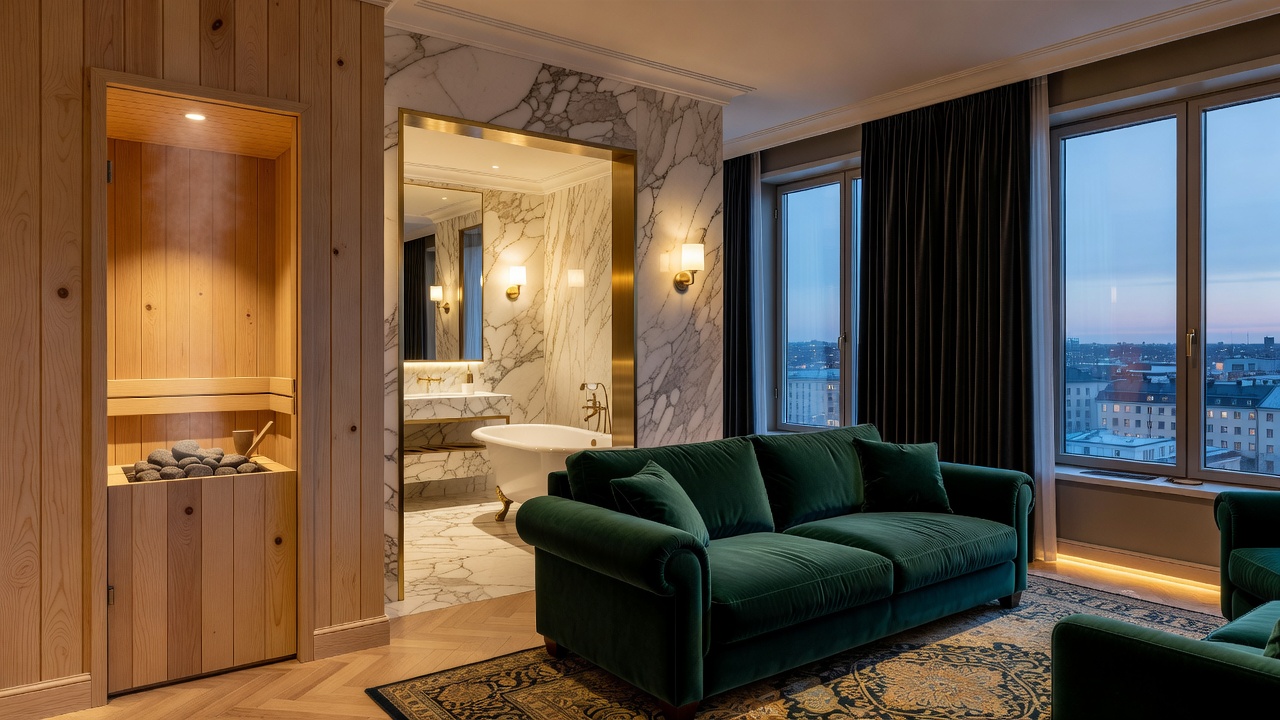 The Hotel Maria Helsinki lavish suite with private sauna and marble bathroom